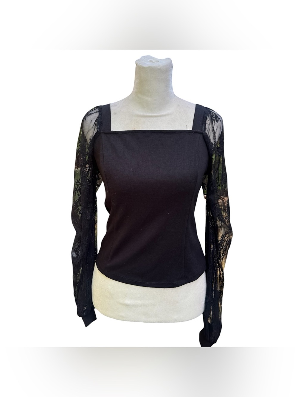 Mixed Threads Black Floral Puff Long Sleeve Mesh Elegant Goth Whimsy Blouse Top